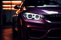 Close up on headlight of a generic unbranded purple car, generative ai illustration