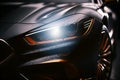 Close up on headlight turn on of a generic and unbranded luxury car, generative ai illustration Royalty Free Stock Photo