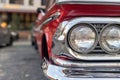 Close-up of the headlights of an American retro car