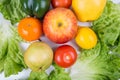 Close up of healthy bio food on the table. Organic fruits and vegetables from the farm garden. Bunch of fresh crop, no genetically