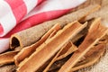 Close up of healthy Cinnamon Bark isolated on burlap background