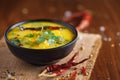 Close-up of healthy curry of yogurt and potato Dahi Aloo or Aaloo an Indian classical dish. Served in a black bowl and spices