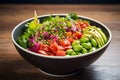 Close-up healthy and delicious poke bowl with fresh tuna and avocado