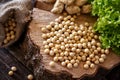 Close up healthy grains soybean on wooden background