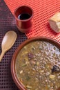 Close-up of healthy menu. Earthenware casserole with lentils and vegetables Royalty Free Stock Photo