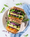 Close up healthy sandwiches with arugula, carrot, cheese, red cabbage, wrapped in craft organic paper on a marbre plate and marbre