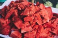 Close up of healthy sliced watermelon on white tray