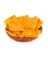 Close up healthy whole wheat cracker in basket on white background