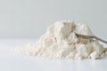 Close-up of a heap of white flour on a light surface with a spoon. Royalty Free Stock Photo