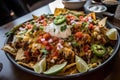 close-up of heaping plate of nachos, with melted cheese, spicy salsa, and other fixings