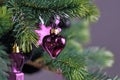 Close up of heart shaped purple glass tree ornament bauble on decorated Christmas tree with other seasonal tree ornaments Royalty Free Stock Photo