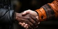 Close-up of a heartfelt handshake between two people showcasing a multicultural bond of respect and friendship