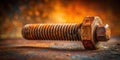 Close-up of a heavily rusted bolt resting on a corroded metallic surface. Generative AI Royalty Free Stock Photo