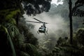 close-up of helicopter blades through jungle canopy Royalty Free Stock Photo