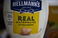 Close up of Hellmanns mayonnaise bottle label