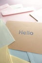 close up of hello text in blue color on a envelope