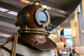 Close-up helmet Old vintage three-bolt deep-sea diving suit. Suit for deep sea diving of the last century. The history Royalty Free Stock Photo