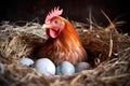 close-up of a hen laying an egg in a cozy nest Royalty Free Stock Photo