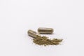 Close up herbal capsules isolate on white background.