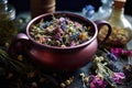 close-up of herbal tea infusion with dried herbs and flowers Royalty Free Stock Photo