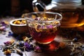 close-up of herbal tea infusion with dried herbs and flowers Royalty Free Stock Photo