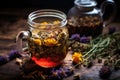 close-up of herbal tea infusion with dried herbs and flowers Royalty Free Stock Photo