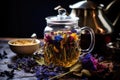 close-up of herbal tea infusion with dried herbs and flowers Royalty Free Stock Photo