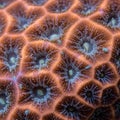 Close-up of a hexagonal coral texture, displaying a pattern of polyps. Each polyp resembles a Royalty Free Stock Photo