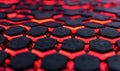 Close-up of a hexagonal pattern illuminated with dynamic red light, highlighting the glossy texture and modern design elements Royalty Free Stock Photo