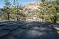 Close-up of the hexagonal shapes formed naturally at the top of Devil`s Postpile National Monument in the John Muir Wildness near Royalty Free Stock Photo