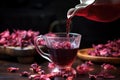 close-up of hibiscus tea pouring from a glass teapot into a cup, with dried hibiscus petals around Royalty Free Stock Photo