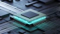 Futuristic CPU Processing Data with Glowing Blue Light on a Dark Circuit Board, Representing Advanced Technology, AI, and Royalty Free Stock Photo