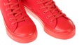 Close up, high angle view of two red women`s sneakers, isolated on white background Royalty Free Stock Photo