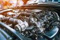 Close-up of a high-performance car engine showcasing intricate mechanical components and engineering details Royalty Free Stock Photo