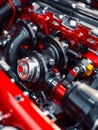 Close-up of high-performance car engine showcasing precision components and vibrant red accents Royalty Free Stock Photo