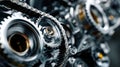 Close-up of high-performance mechanical gears and chain in a modern engine system Royalty Free Stock Photo