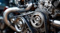 Close-up of a high-performance motorcycle engine with visible timing belt and metallic components Royalty Free Stock Photo