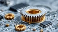 Close-up of high-precision mechanical gears and electronic components on a circuit board, highlighting advanced machinery and Royalty Free Stock Photo