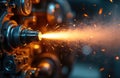 Close-up of a high pressure fuel injector nozzle spraying fuel in an engine assembly. Sparks and vapor create effect of precision Royalty Free Stock Photo