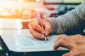 Close up , High School male student holding pencil exams writing in classroom for education test ,Copy space for your text. Royalty Free Stock Photo