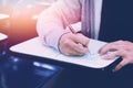 Close up , High School male student holding pencil exams writing in classroom for education test ,Copy space for your text Royalty Free Stock Photo