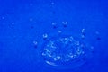 Close up. High speed photography. Splash of water droplets. Blue background Royalty Free Stock Photo