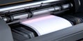 Close-up of a high-speed printer printing white sheets of paper with visible rollers and metallic components Royalty Free Stock Photo