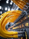Close-up of high-speed yellow network cables plugged into a data center server rack with blinking status lights creating a dynamic Royalty Free Stock Photo