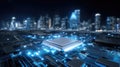 A close-up of a high-tech circuit board with a central chip illuminated by glowing blue lights Royalty Free Stock Photo