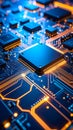 Close-up of a high-tech computer motherboard with microchips and circuits glowing Royalty Free Stock Photo