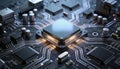 High tech cpu close up on circuit board for advanced computing artificial intelligence and modern electronic hardware innovation Royalty Free Stock Photo