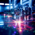 Close-up of a high-tech laser machine in action, emitting vibrant light beams in a futuristic factory setting. AI