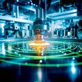 Close-up of a high-tech laser machine in action, emitting vibrant light beams in a futuristic factory setting. AI