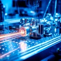 Close-up of a high-tech laser machine in action, emitting vibrant light beams in a futuristic factory setting. AI